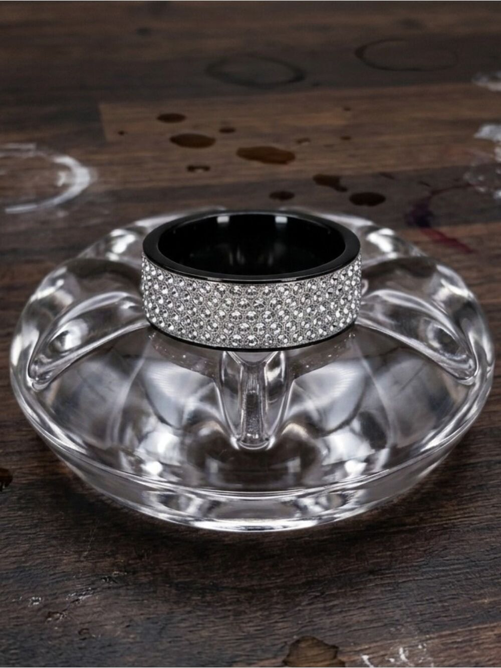 Black Ceramic Ring Silver Crystal Pavé Band